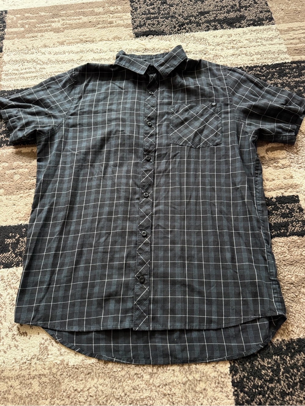 Fox Men's Black and Blue Plaid Short-Sleeve Button-Down Shirt